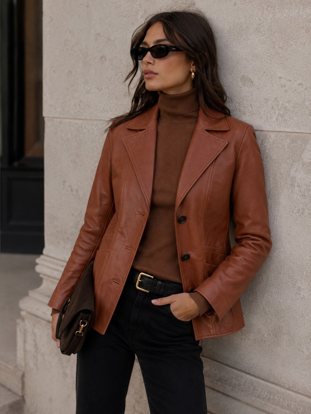 Nili Lotan Alda Lambskin Leather Blazer Jacket Sienna Brown XS